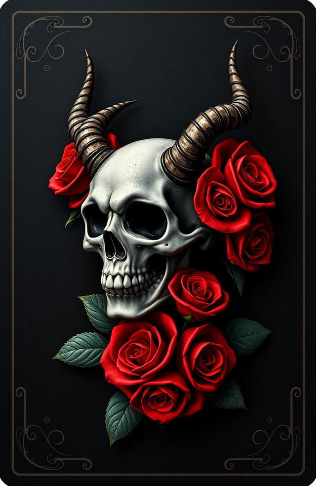 A dark playing card featuring a skull with horns adorned by red roses