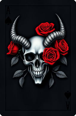 A dark playing card featuring a skull with horns adorned by red roses