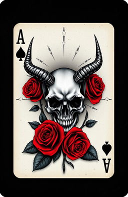A dark playing card featuring a skull with horns adorned by red roses