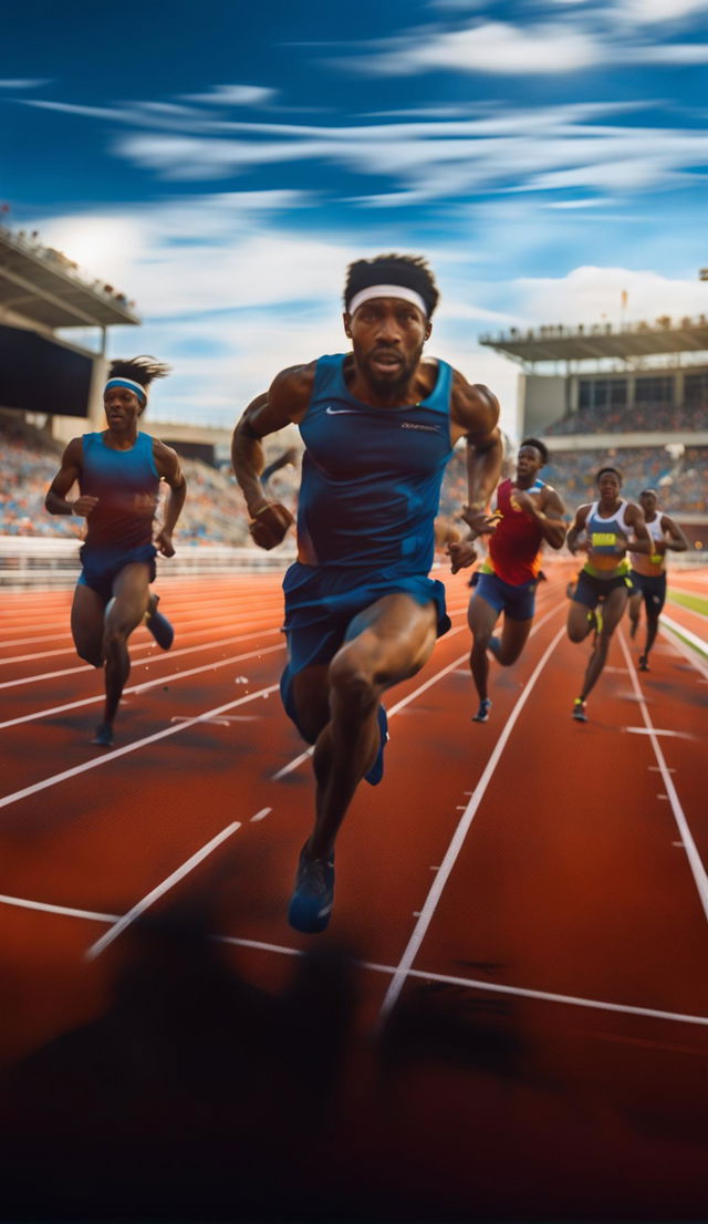 Blurry conceptual image of athletes racing on a vibrant track, surrounded by an indistinct crowd and under a blue sky.