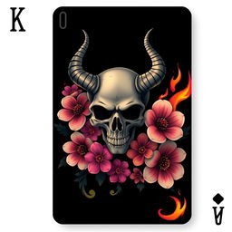 A dark playing card design featuring a skull with horns, surrounded by vibrant flowers and stylized flames