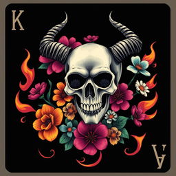 A dark playing card design featuring a skull with horns, surrounded by vibrant flowers and stylized flames