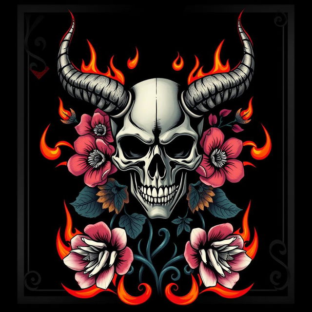 A dark playing card design featuring a skull with horns, surrounded by vibrant flowers and stylized flames