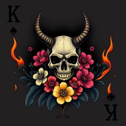 A dark playing card design featuring a skull with horns, surrounded by vibrant flowers and stylized flames