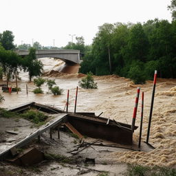 A significant flood causing the destruction of a one-lane, road-level bridge, capturing the sheer force of nature's upheaval.