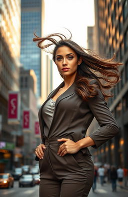 A captivating portrait of a strong and determined woman, standing confidently in an urban environment