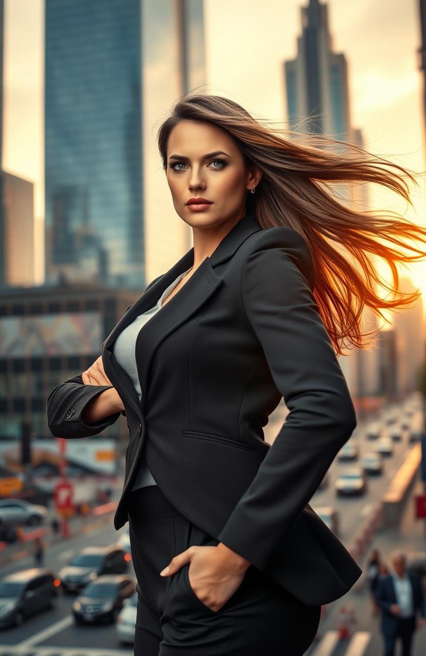 A captivating portrait of a strong and determined woman, standing confidently in an urban environment