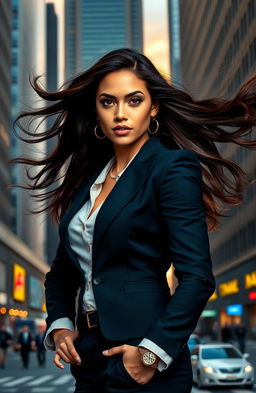 A captivating portrait of a strong and determined woman, standing confidently in an urban environment