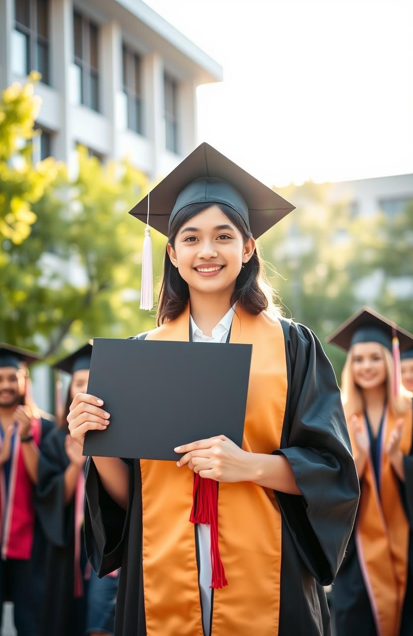 A young girl, determined and ambitious, stands proudly in her graduation gown, holding her medical degree with a bright smile