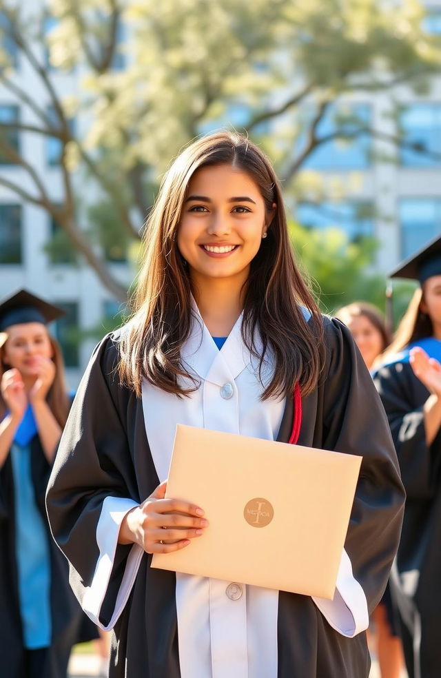 A young girl, determined and ambitious, stands proudly in her graduation gown, holding her medical degree with a bright smile