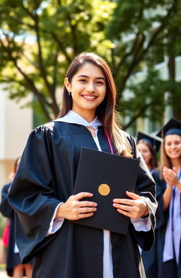 A young girl, determined and ambitious, stands proudly in her graduation gown, holding her medical degree with a bright smile