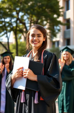 A young girl, determined and ambitious, stands proudly in her graduation gown, holding her medical degree with a bright smile