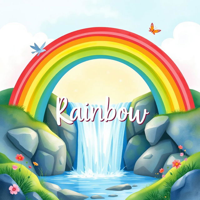 A whimsical book cover design featuring a vibrant rainbow arching over a picturesque waterfall, illustrated in a soft watercolor style