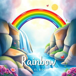 A whimsical book cover design featuring a vibrant rainbow arching over a picturesque waterfall, illustrated in a soft watercolor style