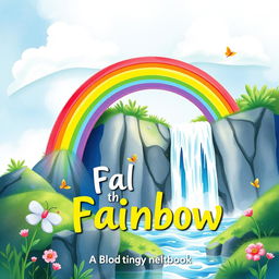 A whimsical book cover design featuring a vibrant rainbow arching over a picturesque waterfall, illustrated in a soft watercolor style