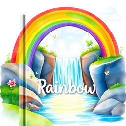 A whimsical book cover design featuring a vibrant rainbow arching over a picturesque waterfall, illustrated in a soft watercolor style