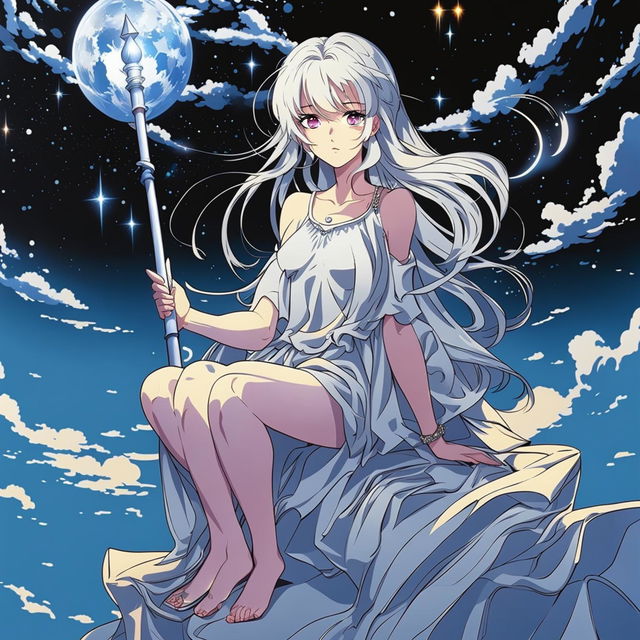 Lofty-style anime girl with silver hair and icy blue eyes, dressed in a flowing white gown. She's perched on a cloud, surrounded by a celestial backdrop of twinkling stars and a glowing moon.