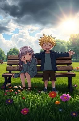 A scene depicting a contrast between a depressed girl and a cheerful boy