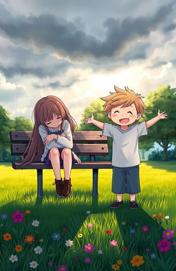 A scene depicting a contrast between a depressed girl and a cheerful boy