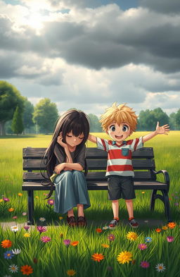 A scene depicting a contrast between a depressed girl and a cheerful boy