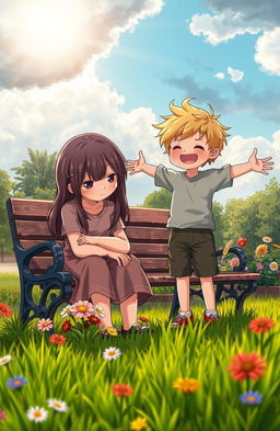 A scene depicting a contrast between a depressed girl and a cheerful boy