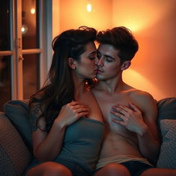 A sensual and intimate scene of a couple in a relaxed, private setting