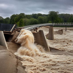 A significant flood causing the destruction of a one-lane, road-level bridge, capturing the sheer force of nature's upheaval.