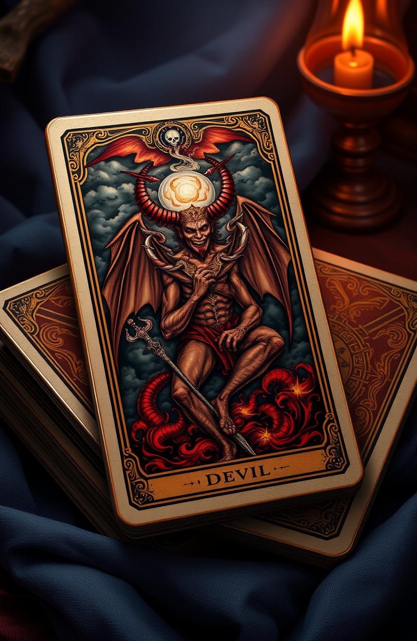 A detailed illustration of a deck of tarot cards featuring the devil card prominently