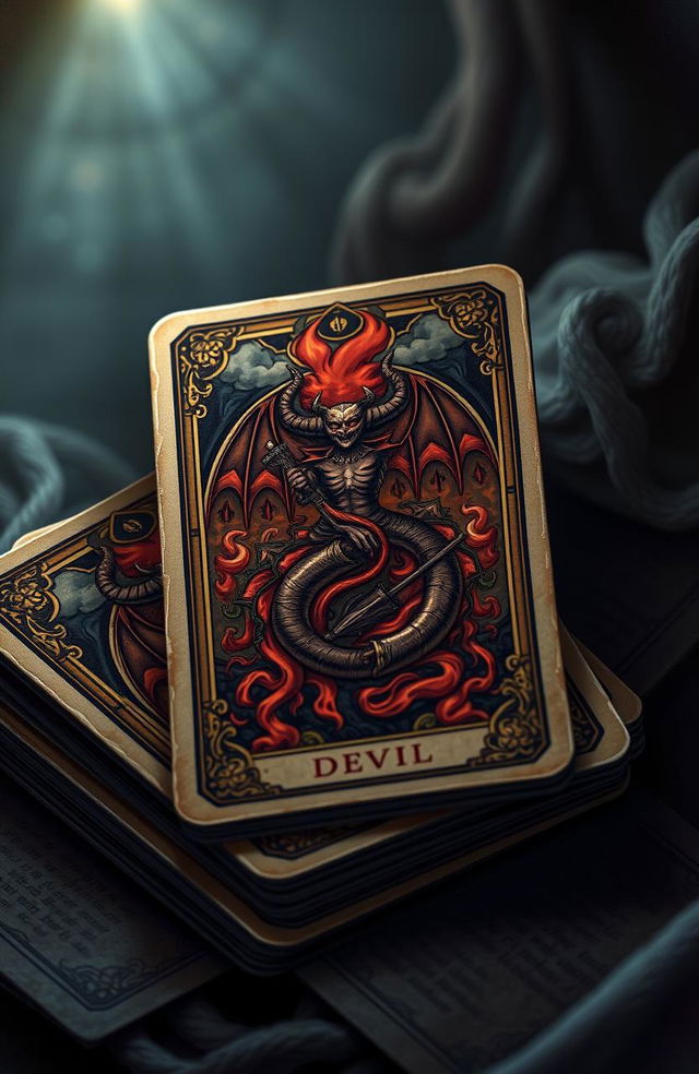 A detailed illustration of a deck of tarot cards featuring the devil card prominently