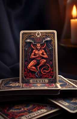 A detailed illustration of a deck of tarot cards featuring the devil card prominently