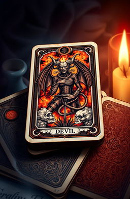 A detailed illustration of a deck of tarot cards featuring the devil card prominently