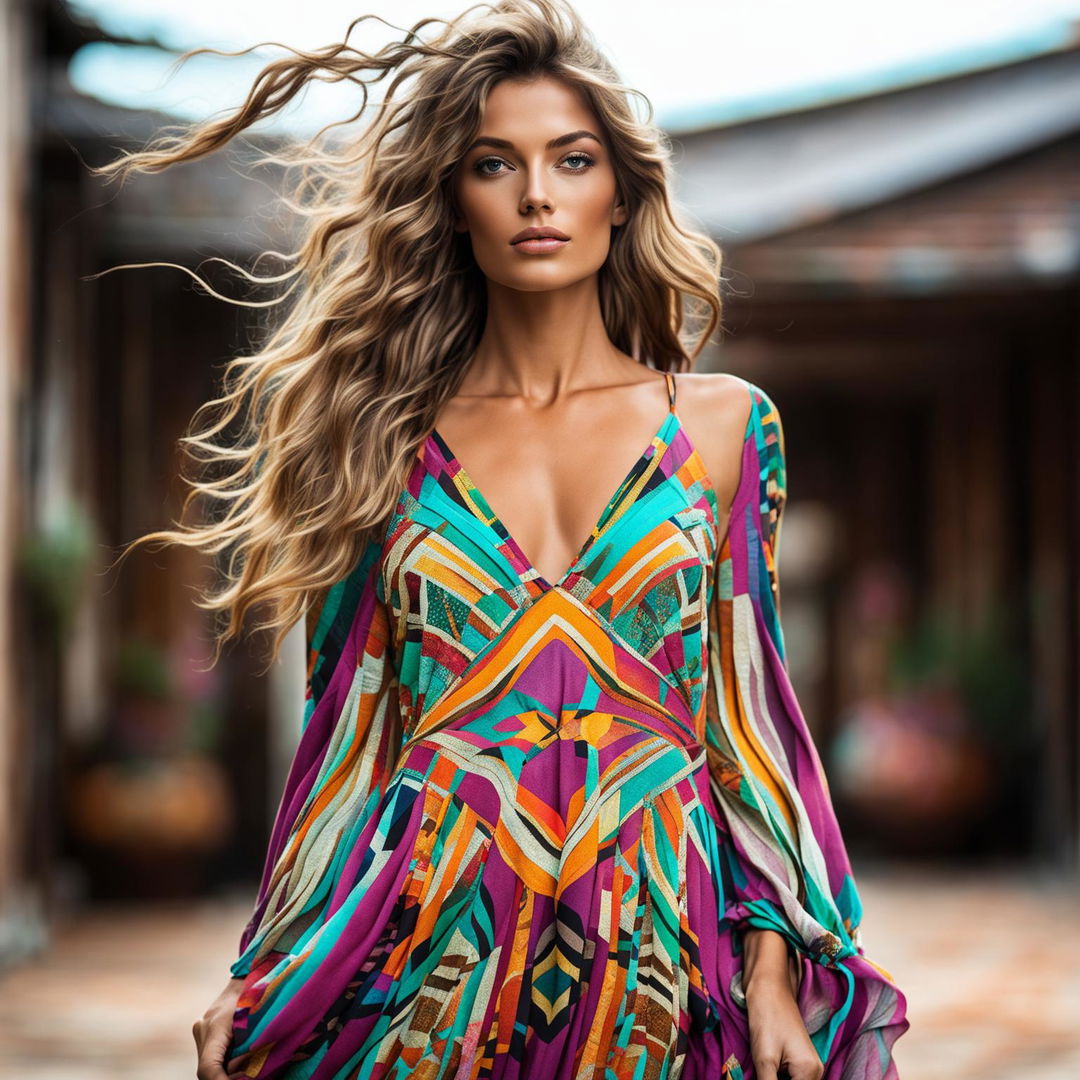 High-definition photograph of a model in a vibrant boho dress with intricate patterns. The composition and lighting highlight her confidence and the dress's colors.