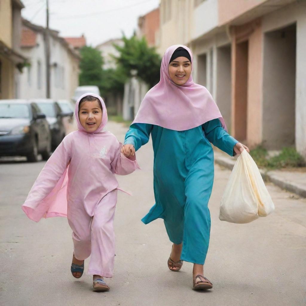 A young Muslim woman wearing a hijab, running in pursuit of a chubby child who fearfully clutches a piece of mother's laundry, creating a scene of innocent mischief and lively chase.