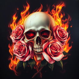 A striking artwork featuring a skull surrounded by vibrant flames and roses