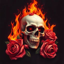 A striking artwork featuring a skull surrounded by vibrant flames and roses