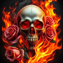 A striking artwork featuring a skull surrounded by vibrant flames and roses