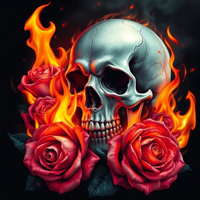 A striking artwork featuring a skull surrounded by vibrant flames and roses