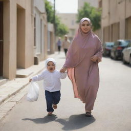 A young Muslim woman wearing a hijab, running in pursuit of a chubby child who fearfully clutches a piece of mother's laundry, creating a scene of innocent mischief and lively chase.