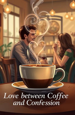 A cozy cafe scene illustrating the theme 'Love between Coffee and Confession'