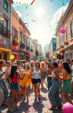 A whimsical and surreal scene depicting joyful chaos in a vibrant urban setting