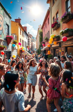A whimsical and surreal scene depicting joyful chaos in a vibrant urban setting