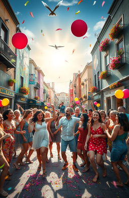 A whimsical and surreal scene depicting joyful chaos in a vibrant urban setting
