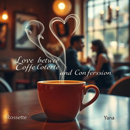 A cozy cafe scene titled 'Love between Coffee and Confession', capturing a romantic essence