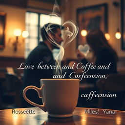 A cozy cafe scene titled 'Love between Coffee and Confession', capturing a romantic essence
