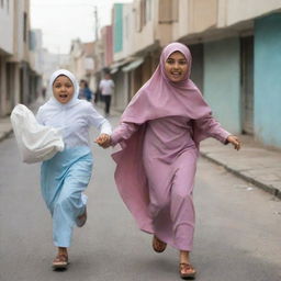 A young Muslim woman wearing a hijab, running in pursuit of a chubby child who fearfully clutches a piece of mother's laundry, creating a scene of innocent mischief and lively chase.