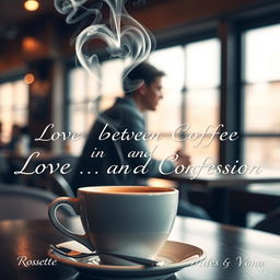 A cozy cafe scene titled 'Love between Coffee and Confession', capturing a romantic essence