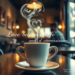 A cozy cafe scene titled 'Love between Coffee and Confession', capturing a romantic essence