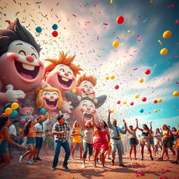 A surreal scene depicting a joyful yet chaotic environment, where everything seems to be in disarray