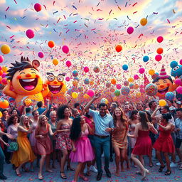 A surreal scene depicting a joyful yet chaotic environment, where everything seems to be in disarray