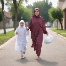 A young Muslim woman wearing a hijab, running in pursuit of a chubby child who fearfully clutches a piece of mother's laundry, creating a scene of innocent mischief and lively chase.